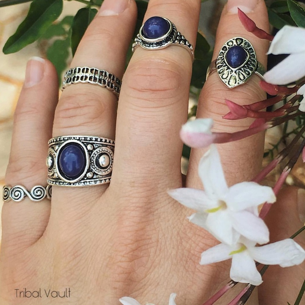 Stackable Rings w/ Dark Blue solid stone 6 pc set